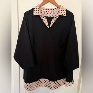 Adrianna Papell Women’s Size 2XL Twofer Black Blouse Polka Dot Trim 3/4 Sleeve